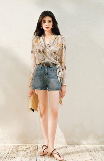 WANGXO | Silky Drape Smooth Georgette Vine-Inspired Geometric Print Entwined Twisted Shirt  -LYRA