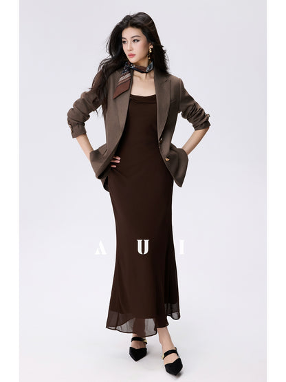 AUI Mocha Mousse Coffee Color Slip Temperament Slim Hip Dress -  A-Yeong