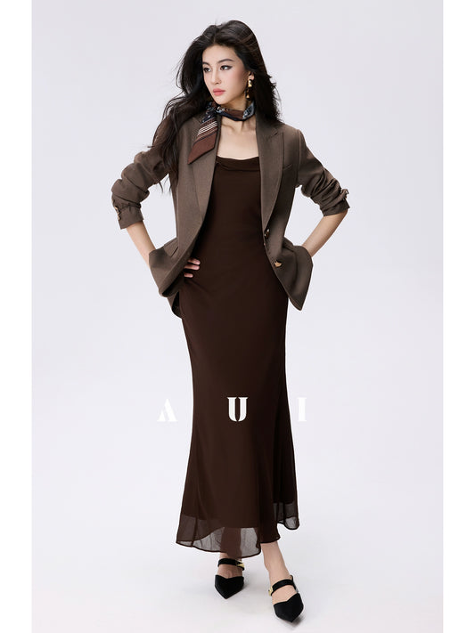 AUI Mocha Mousse Coffee Color Slip Temperament Slim Hip Dress -  A-Yeong