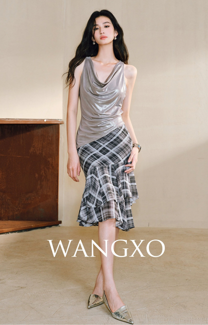 WANGXO Luxurious Metallic Luster Silk with Vertical Cut Swing Collar Top  - ZAYNA