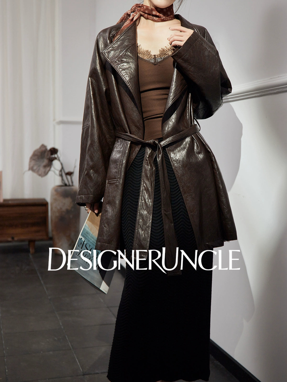 DGU "Obscure Shadow" Flower Coffee Haining Genuine Leather Retro Slimming Top - HEADS.