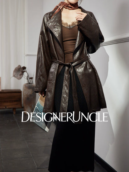 DGU "Obscure Shadow" Flower Coffee Haining Genuine Leather Retro Slimming Top - HEADS.