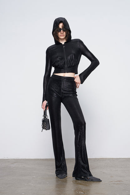 ANNAKIKI Glossy Black Hot Diamond Horseshoe Pants Women's Bootcut Pants-FUMI