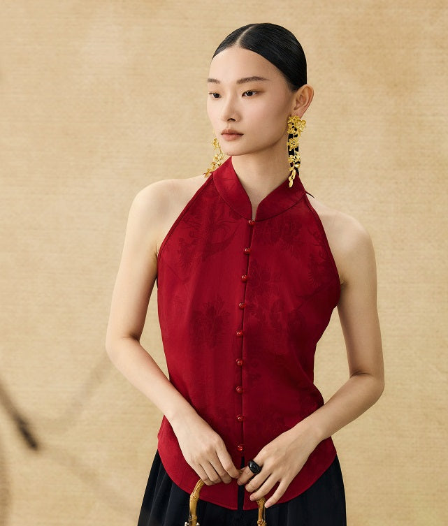 HECO Chinese Acetate Stand-up Collar Waist National Style Jacquard Vest T - FIRE.