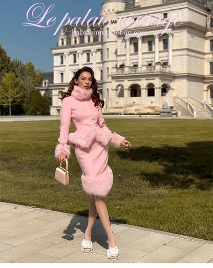 Le Palais Vintage Elegant long sleeve pink fur collar two piece banquet suit- Fave