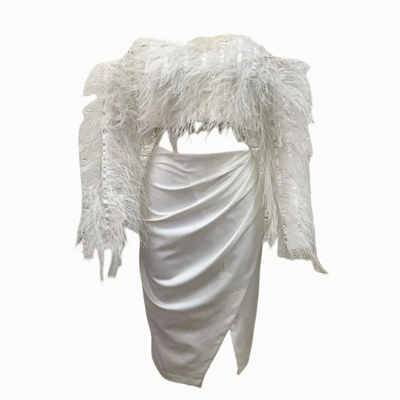 DOLLY Elegant White Off Shoulder Long Sleeve Feather Tube Top Dinner Dress-SU