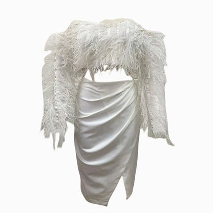 DOLLY Elegant White Off Shoulder Long Sleeve Feather Tube Top Dinner Dress-SU