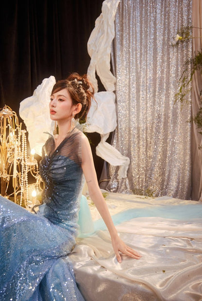 DOLLY Elegant Gradient Blue Sleeveless Off Shoulder Sequin Dress-SANDY