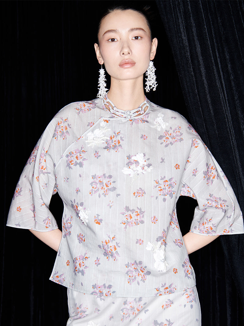 M essential Ma Kay designer Jinghe printed fabric floral nail beads top - JULY.