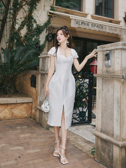 DOLLY Luxury French Style Square Collar Short Puff Sleeves Flower Bud Midi Dress-SARAH