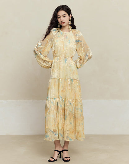 HECO silk peony burnt flower pendulum long-sleeved dress women - healer.