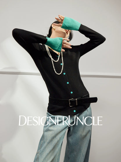 DGU×LAB|Black flared sleeve knitted color-blocked V-neck slim inner sweater - SAVD
