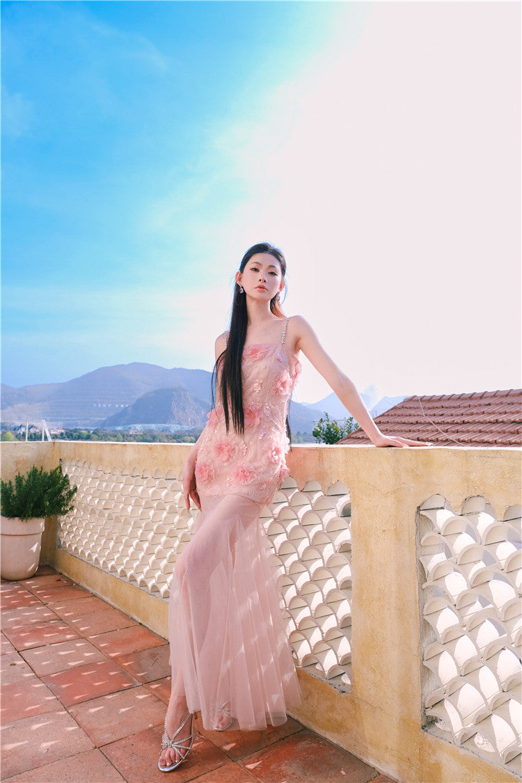 Wardrobes by Chen High End Pink Sleeveless Flower applique Sequin Dress-Bena