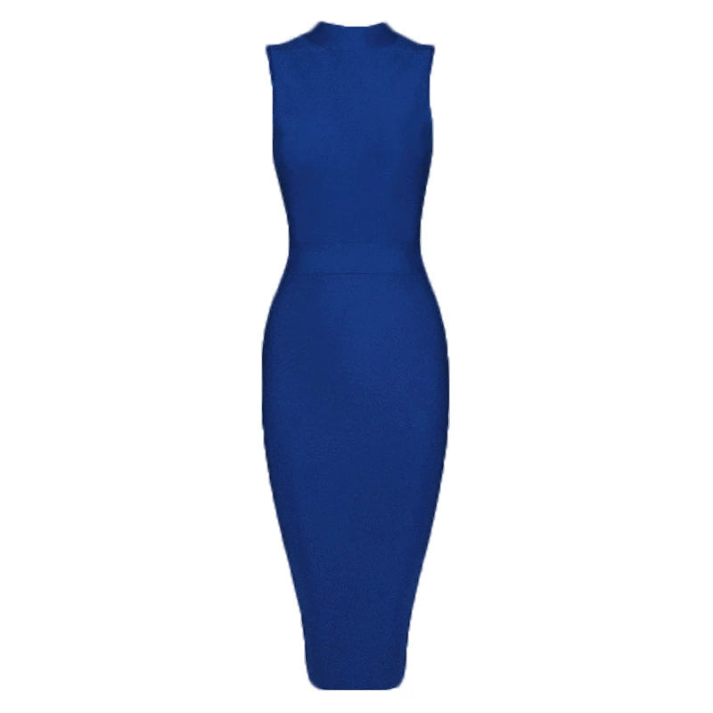 DOLLY High End Stand Collar Sleeveless Slim Fit Bandage Midi Dress-KYA