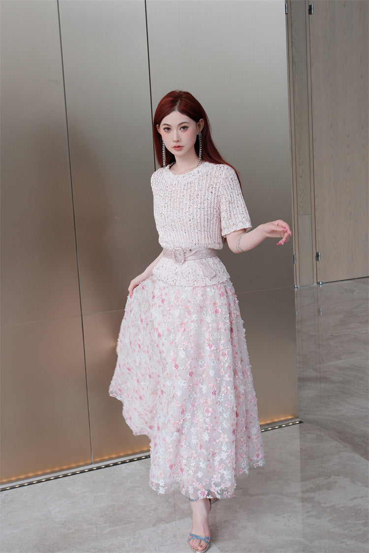 Wardrobes by Chen Elegant Pink Sequin Embroidered Long midi Skirt - Jiaa