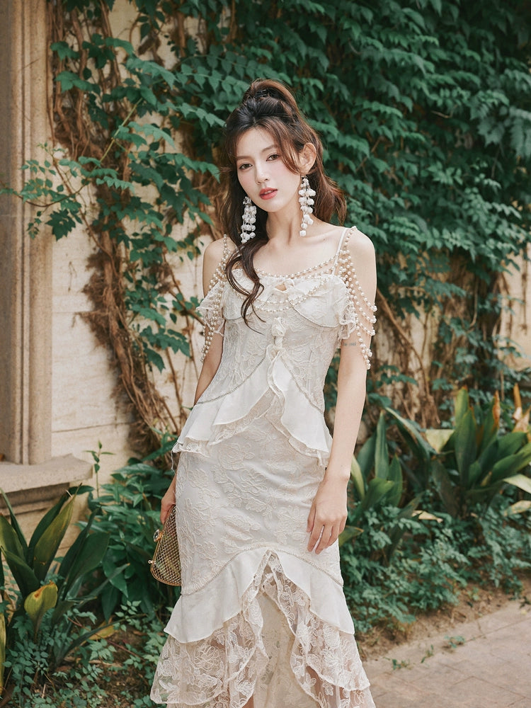 DOLLY Elegant French Style Cream Ruffled Lace Fake Two Piece Midi Dinner Dress-KAKA