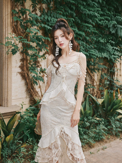 DOLLY Elegant French Style Cream Ruffled Lace Fake Two Piece Midi Dinner Dress-KAKA