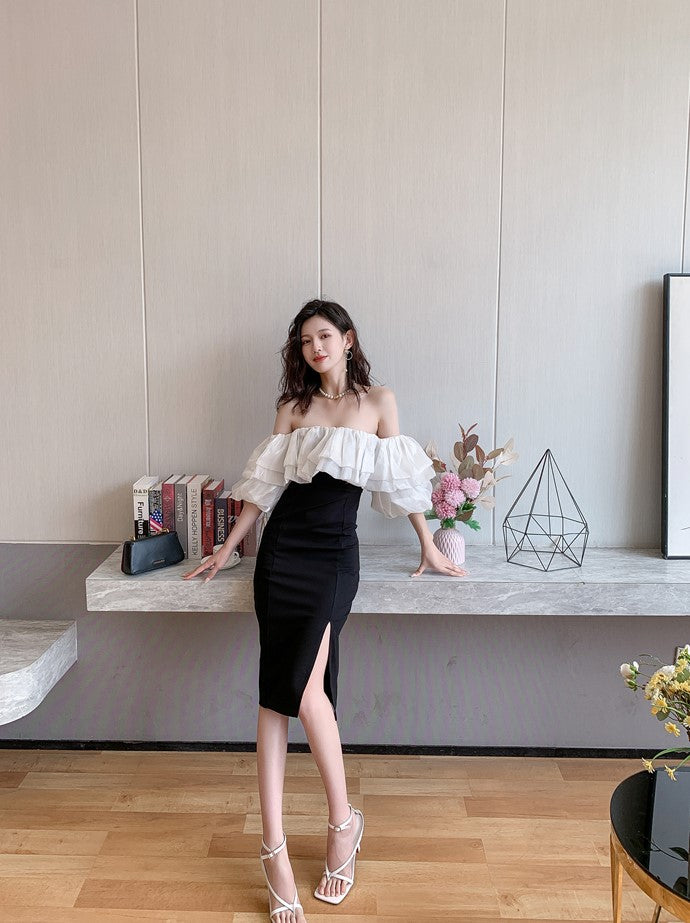 DOLLY Elegant Black and White Satin Off Shoulder Ruffled Tube Top Slim Fit Dress-MAG