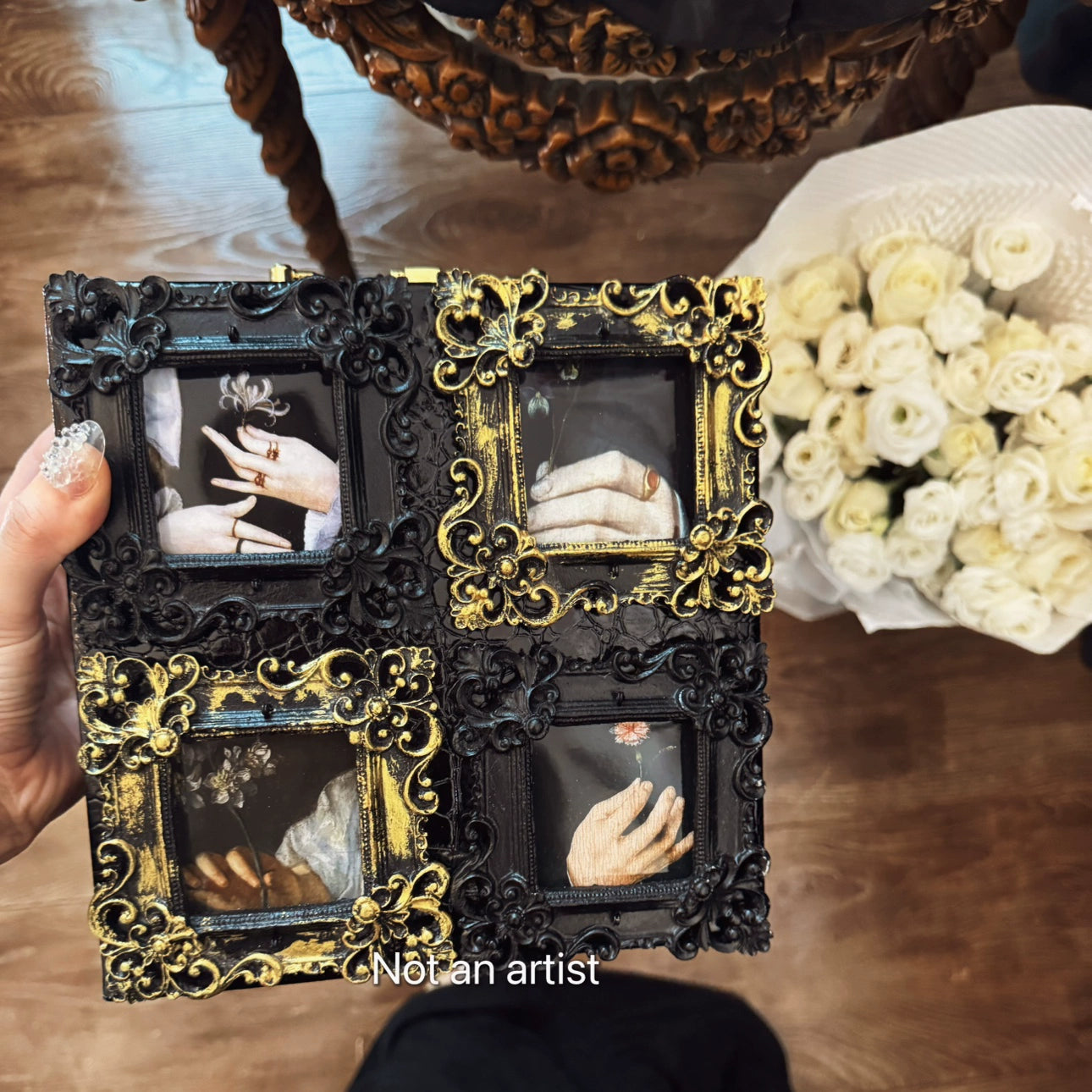 NOT AN ARTIST Vintage handmade black gold oil painting box clutch - MINQ