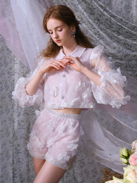 Wardrobes by Chen Elegant lilac Purple Polo Collar Sheer Long Sleeve/Shorts-Hana