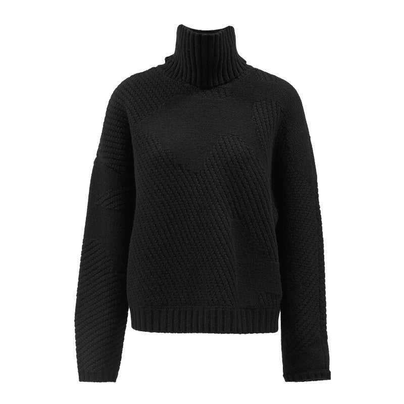 ZHUCHONGYUN Black Coarse Stitch Ribbed Turtleneck Sheep Wool Knit Top-NODA.