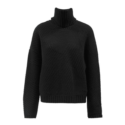 ZHUCHONGYUN Black Coarse Stitch Ribbed Turtleneck Sheep Wool Knit Top-NODA.