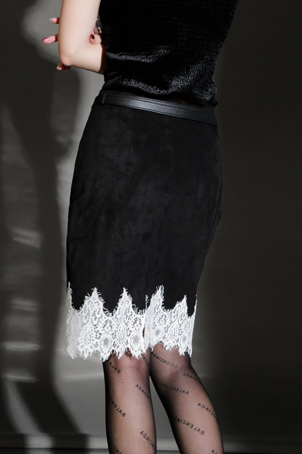PIAOIN French Romantic Lace Trim Design Suede Skirt Women's Retro Hip Lace- FREY