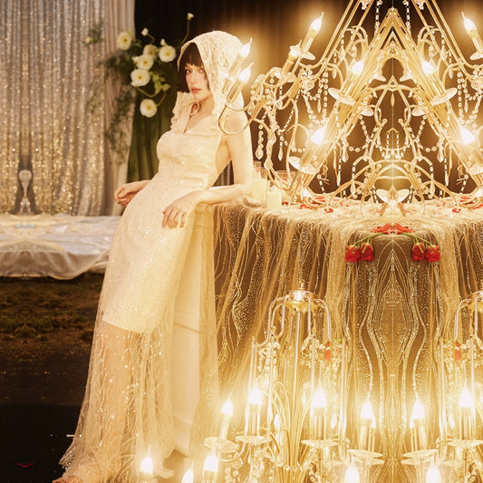 DOLLY High End Beige Ins Style V-Neck Sleeveless Long Lace Dinner Dress-BEVA