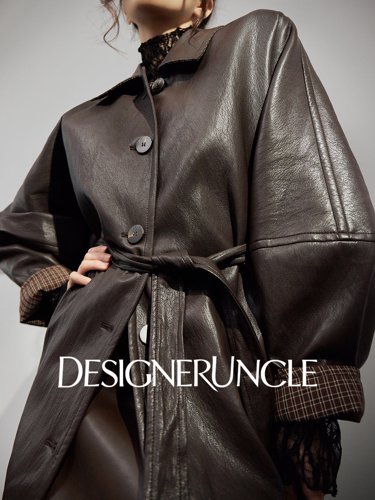 DGU|Tan leather loose slimming high-end mid-length leather jacket - Louisa.