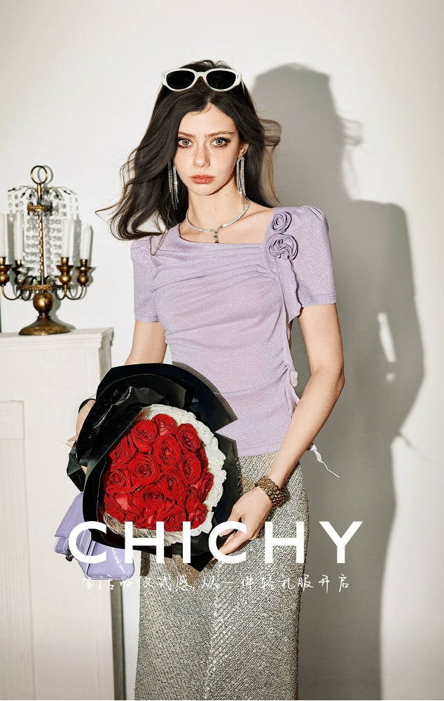 CHICHY gentle chic purple asymmetrical long-sleeved top-LISA