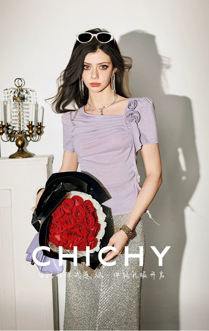 CHICHY gentle chic purple asymmetrical long-sleeved top-LISA