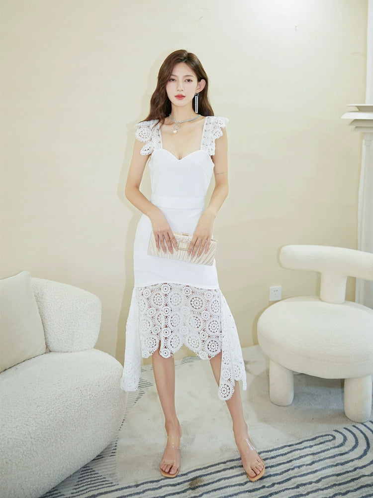 DOLLY Elegant White/Yellow V-Neck Sleeveless Lace Midi Birthday Guest Dress-THALIA