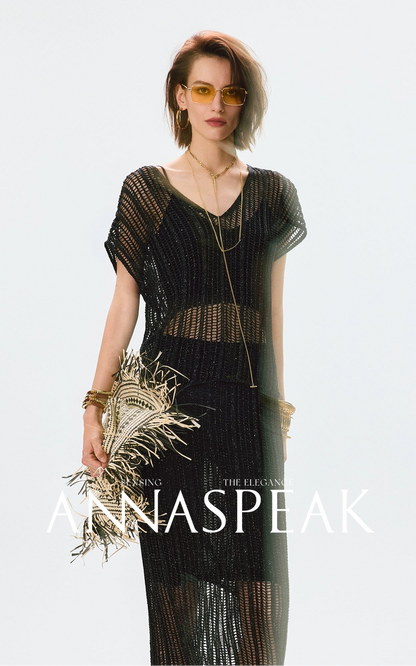 ANNASPEAK Lightweight and breathable cut-out fine glitter top skirt set summer-TOSE.