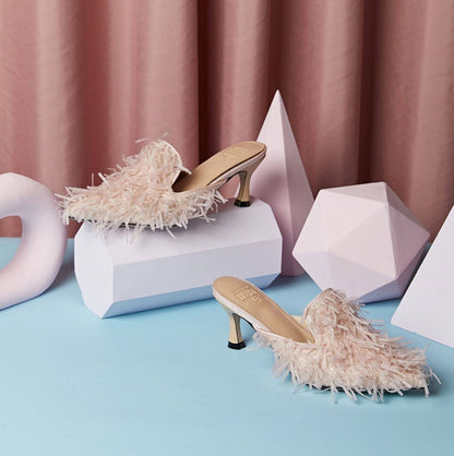 B-FEI fringed sandals slippers mules kitten heels-MUMT.