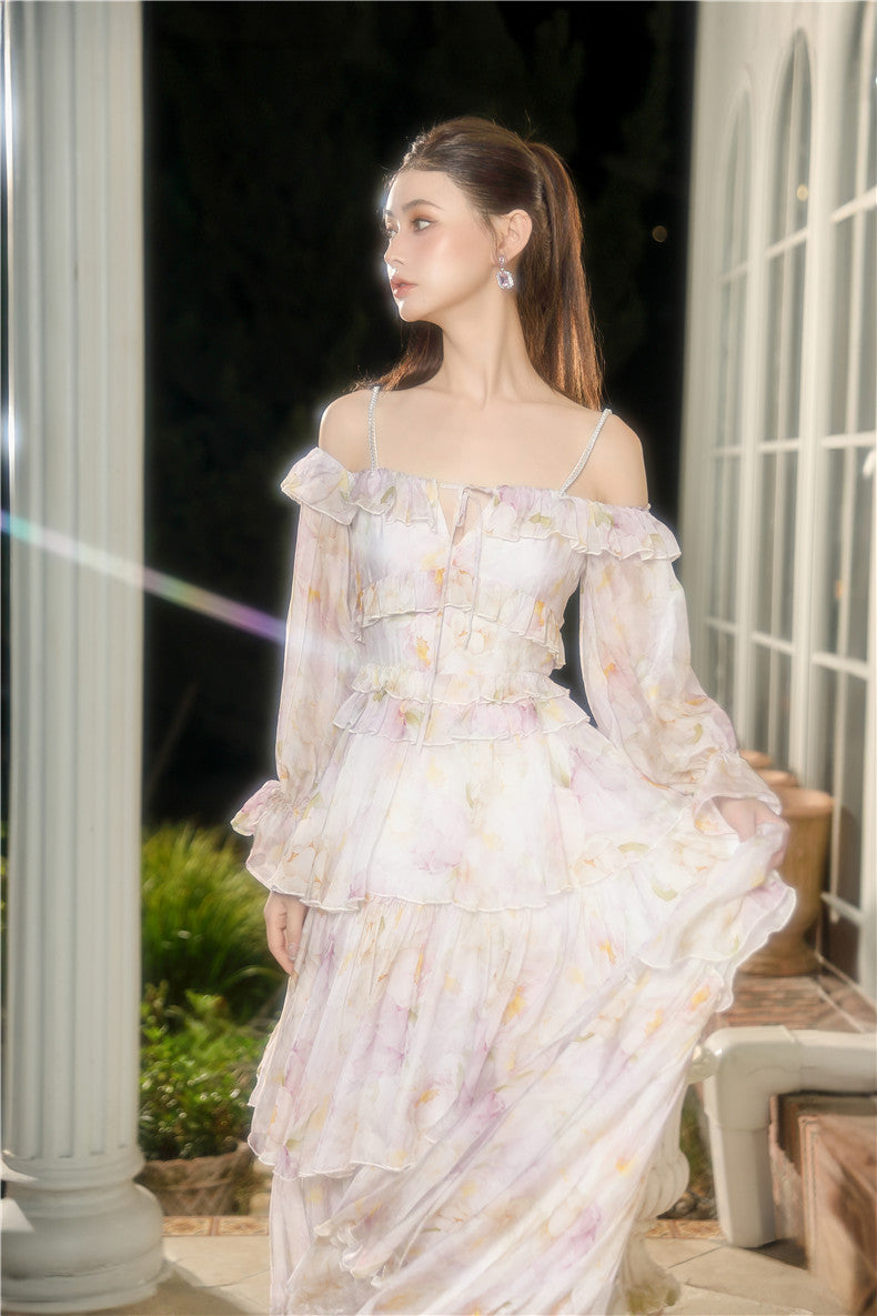 Wardrobes by Chen Elegant French Style Pink Off Shoulder Long Sleeve Dress-TIRA S / Pink Wardrobes by Chen Elegant French Style Pink Off Shoulder Long Sleeve Dress-TIRA S / Pink