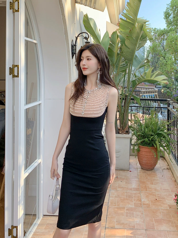 DOLLY Elegant Brown and Black Crew Neck Sleeveless Pearl Beaded Dinner Dress-MANYA