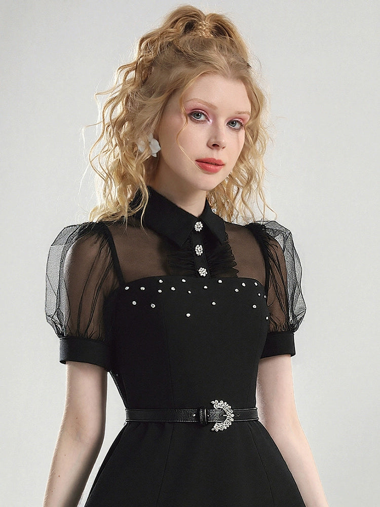 CHECOCRE summer new nail diamond mesh puff sleeves cinched waist thin little black dress - SCRUB .