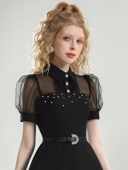 CHECOCRE summer new nail diamond mesh puff sleeves cinched waist thin little black dress - SCRUB .