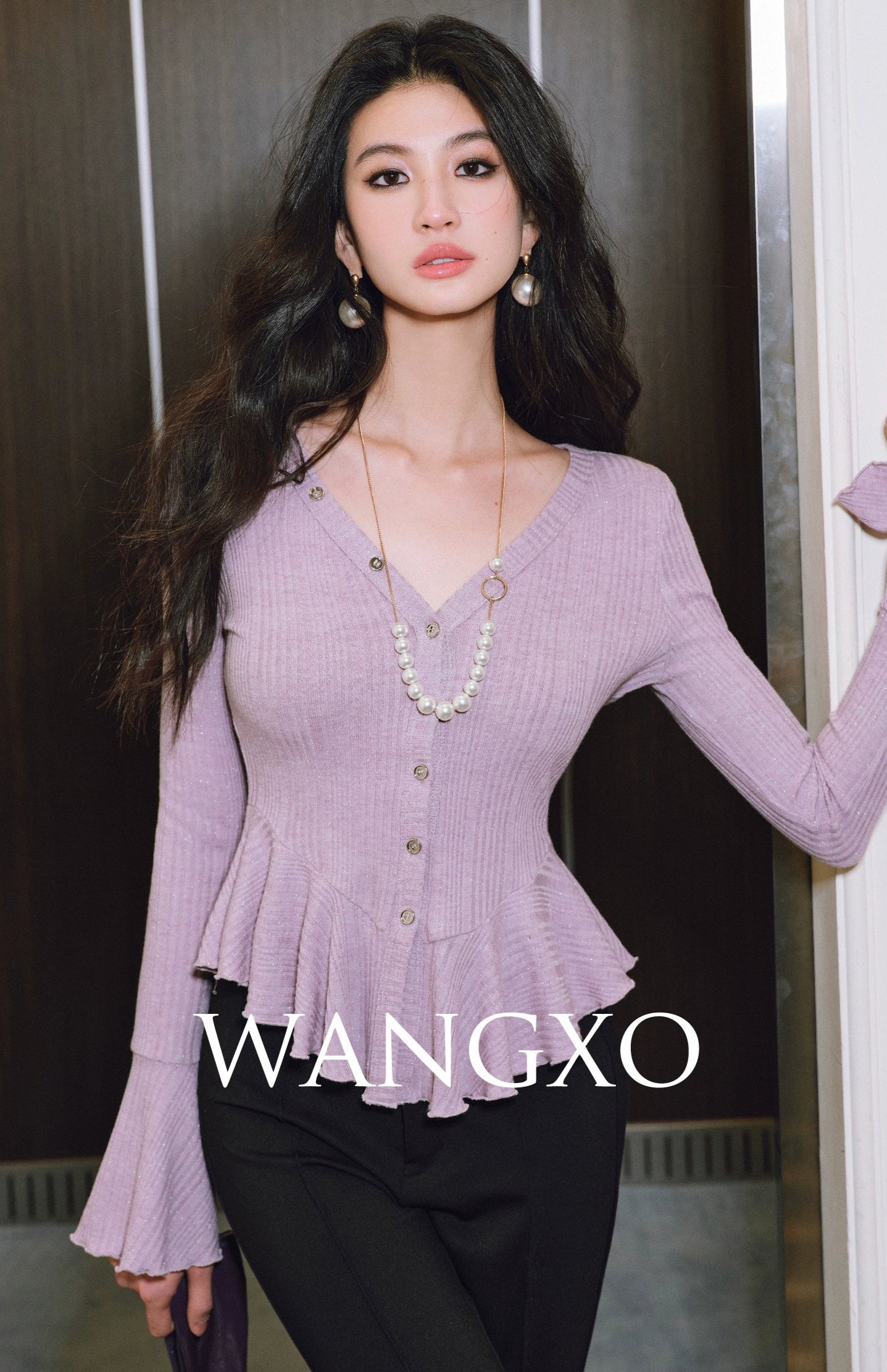 WANGXO | Bright Silk Knit V-Neck Waist Ruffle Top -SÁYA.