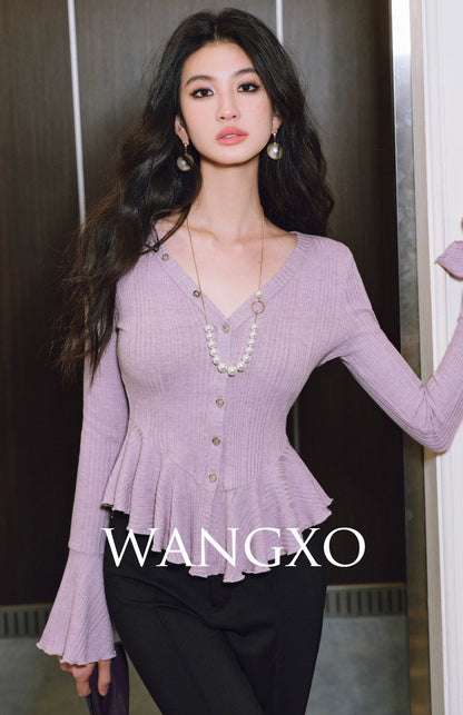 WANGXO | Bright Silk Knit V-Neck Waist Ruffle Top -SÁYA.