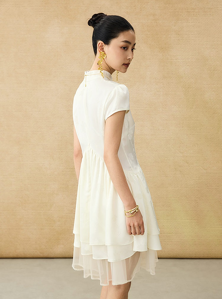 HECO Acetate Jacquard Midi Tiered Cap Sleeves Dress - HEART.