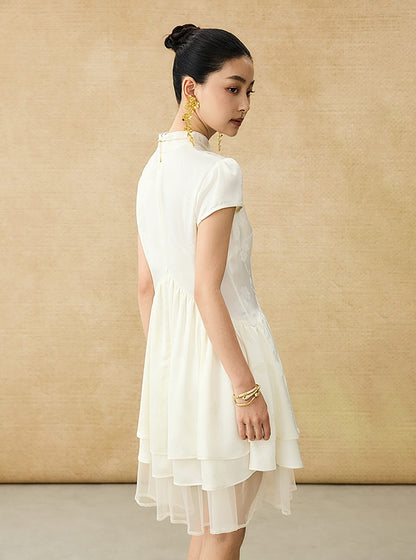 HECO Acetate Jacquard Midi Tiered Cap Sleeves Dress - HEART.