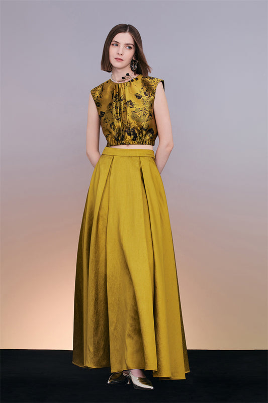 PURITY  Elegant Luxury Vintage gold jacquard sleeveless top and maxi skirt set- Proudy