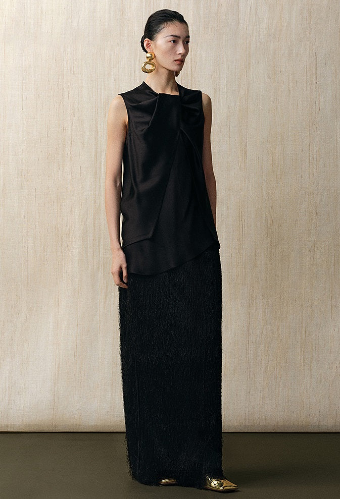 ZHUCHONGYUN crew neck black satin irregular sleeveless top-ASH.