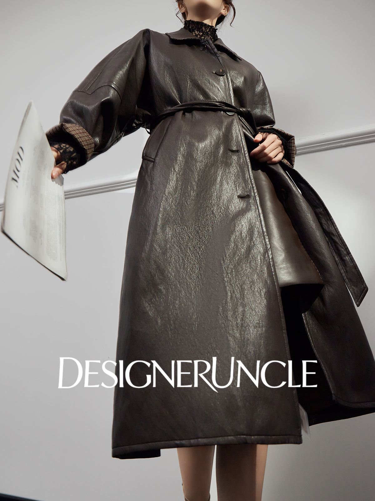 DGU|Tan leather loose slimming high-end mid-length leather jacket - Louisa.