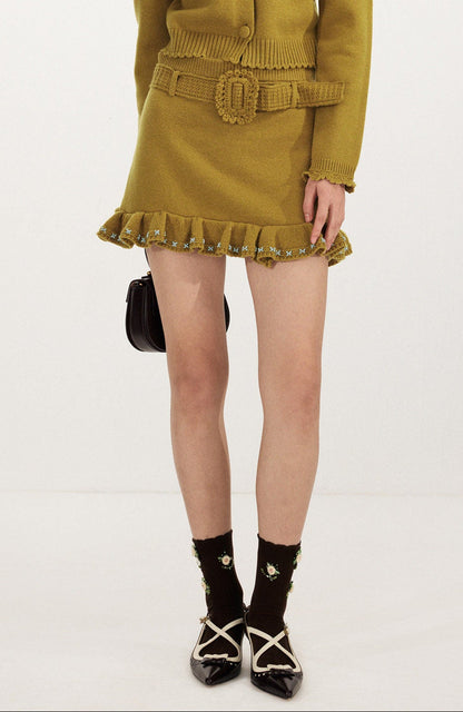 FAME Color Block Beaded Ruffle Hem Knitted Midi Skirt - JAKE.