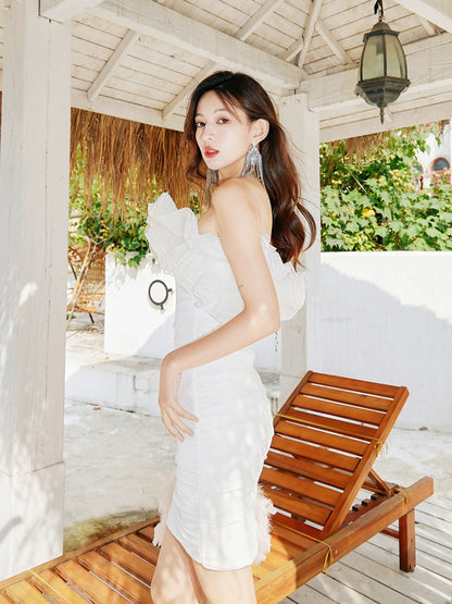 DOLLY Elegant White French Style Ruffled Off Shoulder Short Birthday Dress-AMA