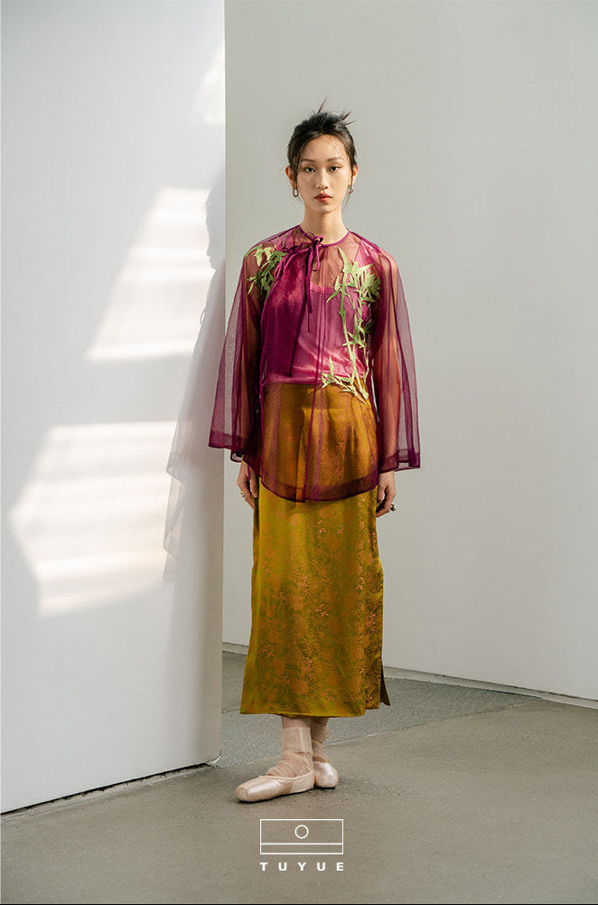 TUYUE Bamboo Leaf Embroidered Mesh Lace-up Top - SKYLA.