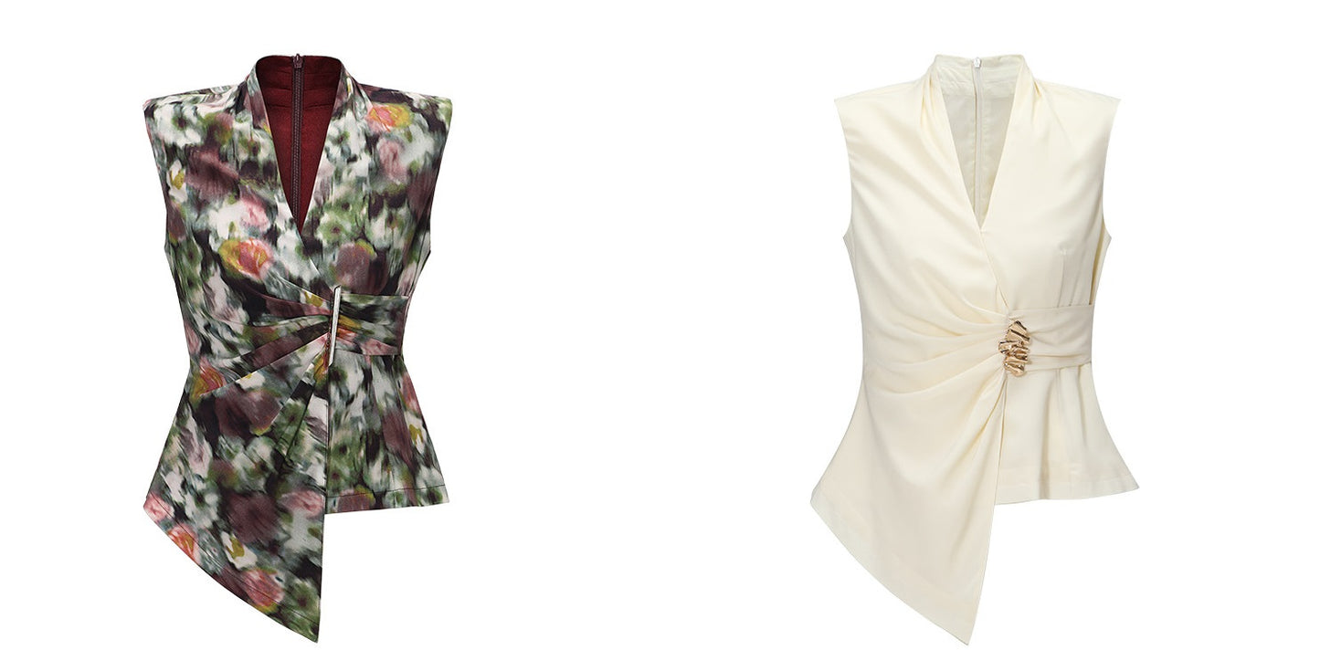 WANGXO | Innovative Weaving Texture Overlapping V-Neck Sleeveless Top -KEIA