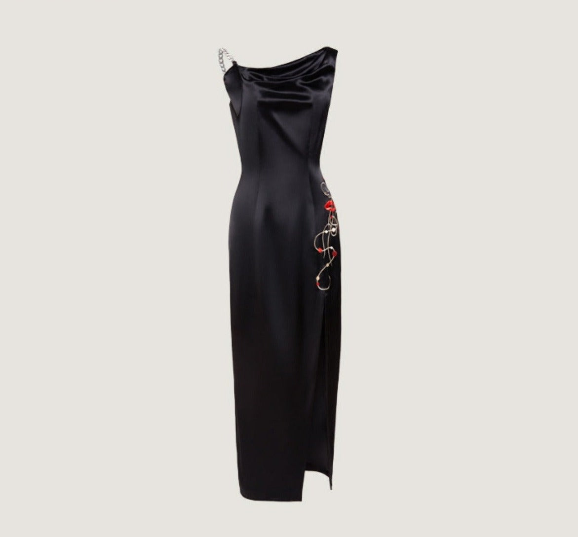 Magic Q Poppy Goddess embroidery chain off-the-shoulder high-rise slit dress